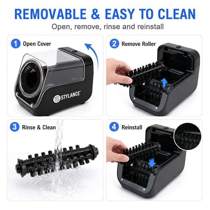 Mini Electric Hair Brush Cleaner for Barbers, Automatic Brush Cleaning Machine with Soft and Hard Bristle Rollers for Hair Brushes, Round Brushes, Clippers, Salon Tools and Home Use