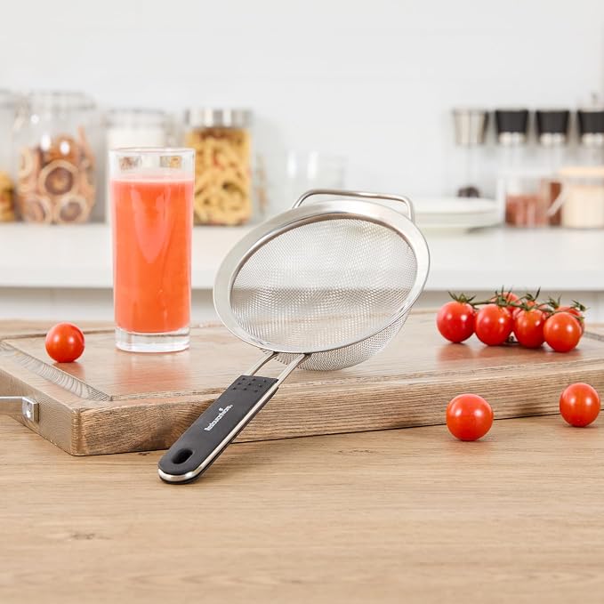 Restaurantware Fine Mesh Strainer 1 Count 12.6" x 5.5" x 2.3" with Silicone Handle Stainless Steel Extra Fine Mesh Strainer Heat-Resistant Handle Dishwasher-Safe for Rice, Quinoa, Pasta