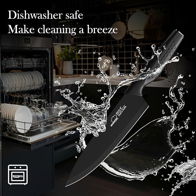 Knife Set, 15 Pieces Kitchen Knife Set with Block Built in Sharpener, Dishwasher Safe, German Stainless Steel Knife Block Set, Elegant Black