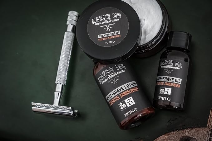 Razor MD Shave Trio for Men Pre-Shave Oil, Shaving Cream, Post-Shave Lotion, Premium Beard Care Kit And Beard Grooming Set Perfect for Conditioning And Beard Care, Sandalwood