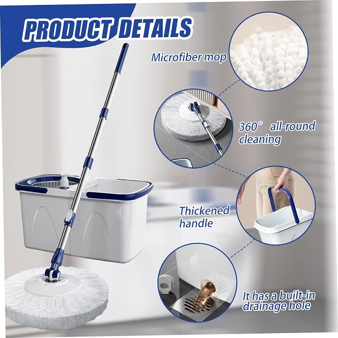 Spin Mop and Bucket Set 43-51" Telescopic Microfiber 15" Round Mop with Wringer, 2 Pads & Detachable 2 Compartment Bucket with Draining Hole for Home Spin and