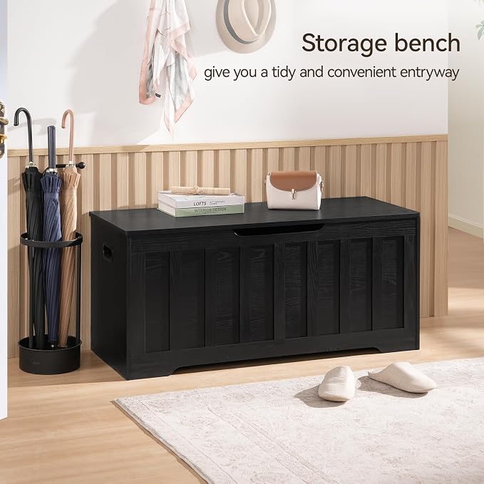 VANKILEY 43.3" Storage Chest Extra Large,Storage Trunk with 2 Safety Hinges,Wooden Storage Bench,Shoe Bench,43.3x15.7x19.1 Inch,Easy Assembly,Storage Bench for Bedroom,Living Room,entryway(Black)