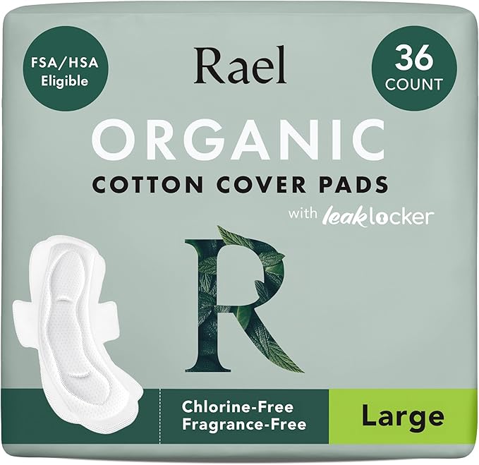 Rael Pads for Women, Organic Cotton Cover - Period Pads with Wings, Feminine Care, Sanitary Napkins, Heavy Absorbency, Unscented (Large, 36 Count)