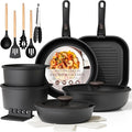 Astercook 23 Pcs Pots and Pans Set Non Stick, Ceramic Cookware Set Detachable Handle, RV Kitchen Cooking Set Removable Handles, Oven Safe, Induction Ready, Stackable, Black, Mothers Day Gifts