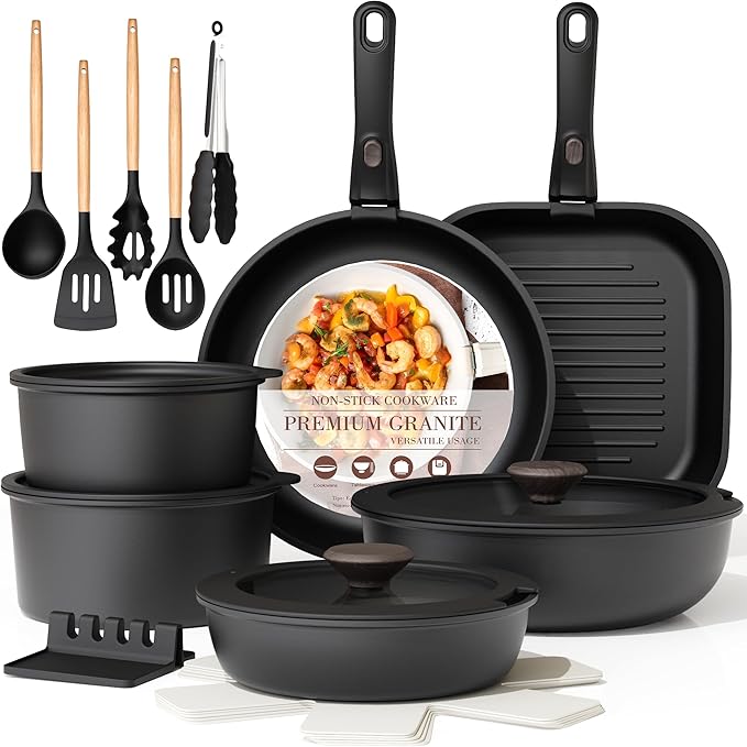 Astercook 23 Pcs Pots and Pans Set Non Stick, Ceramic Cookware Set Detachable Handle, RV Kitchen Cooking Set Removable Handles, Oven Safe, Induction Ready, Stackable, Black, Mothers Day Gifts