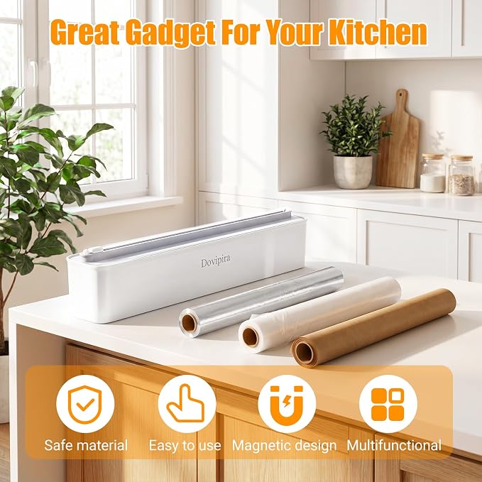 Magnetic Plastic Wrap and Foil Dispenser with Cutter, Fits for Max 12.8In x 328Ft Cling Film, Adhesive Wall Mounted Aluminum Foil and Wrap Organizer Holder for Kitchen