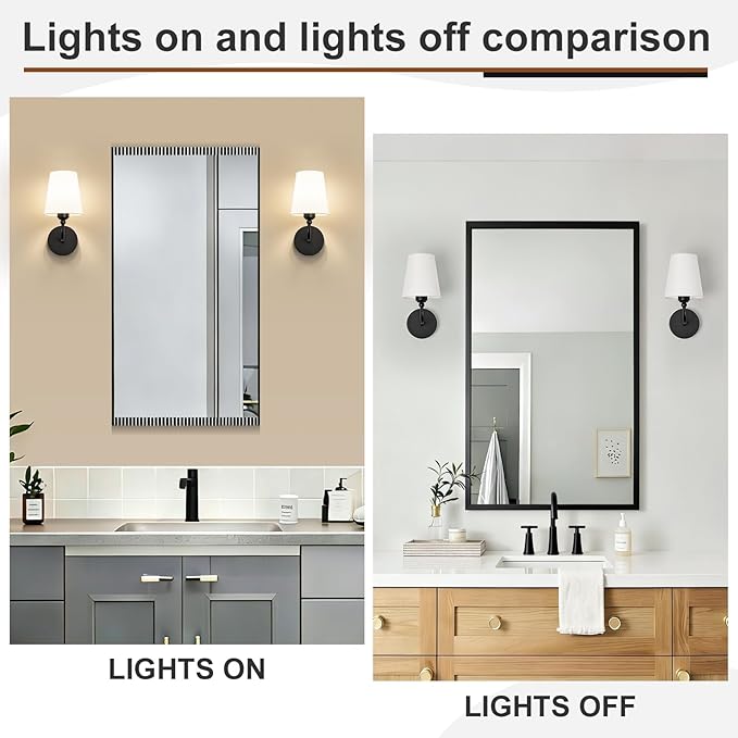 Modern Bathroom Vanity Light, Matte Black Bathroom Light Fixtures, Set of 2 Lighting Fixtures Over Mirror, Modern Wall Sconce with Flared White Fabric Shade, E26 Socket(ETL Listed)