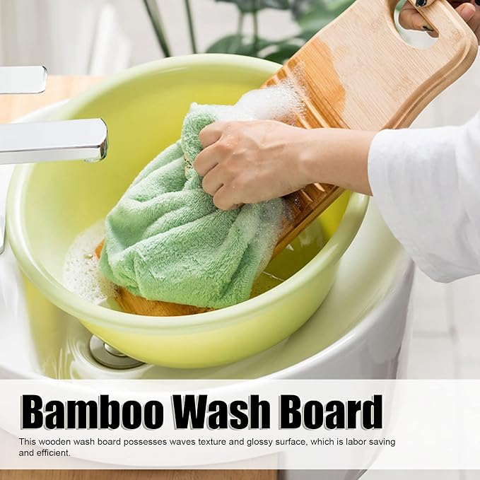 Tyenaza Wooden Color Bamboo Washboard - 19.7in Long, Thick NAT-Ural Bamboo, Wear - Resistant Wash Board with 1 Pair of Gloves and Soap Net for Home Laundry