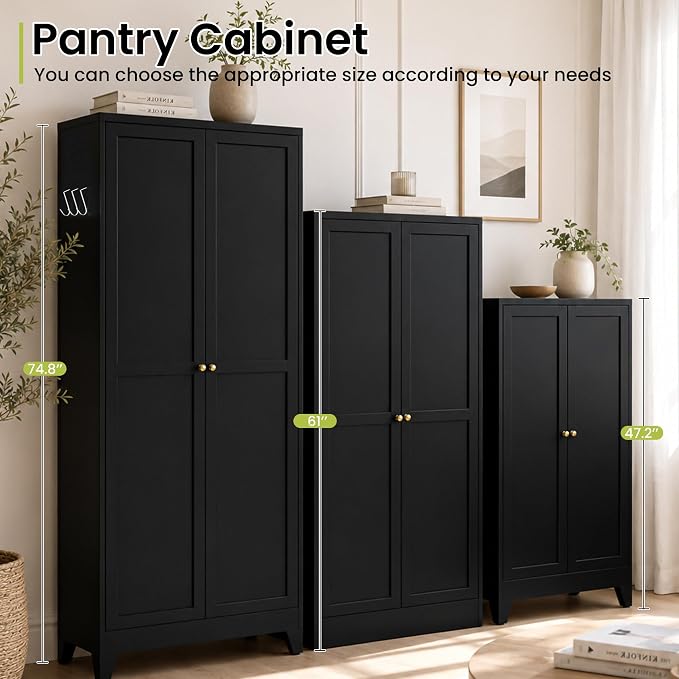 AQY Metal Pantry Cabinet, 75" Black Kitchen Storage Cabinet with Doors | 5 Adjustable Shelves Ventilated Metal Cabinet Hanging Hooks Freestanding Kitchen Storage