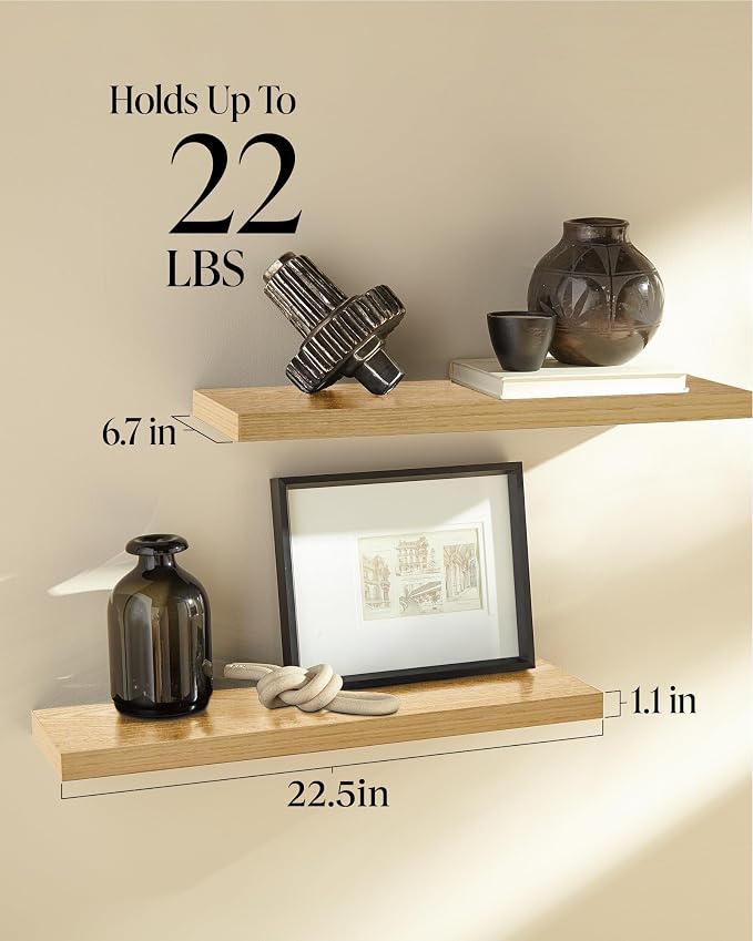 BAYKA Floating Shelves for Wall, 22.5 inches Wall Mounted Rustic Wood Shelves for Bathroom, Bedroom, Living Room, Floating Shelves for Books/Storage/Decor (Light Oak-Toned,Set of 3)