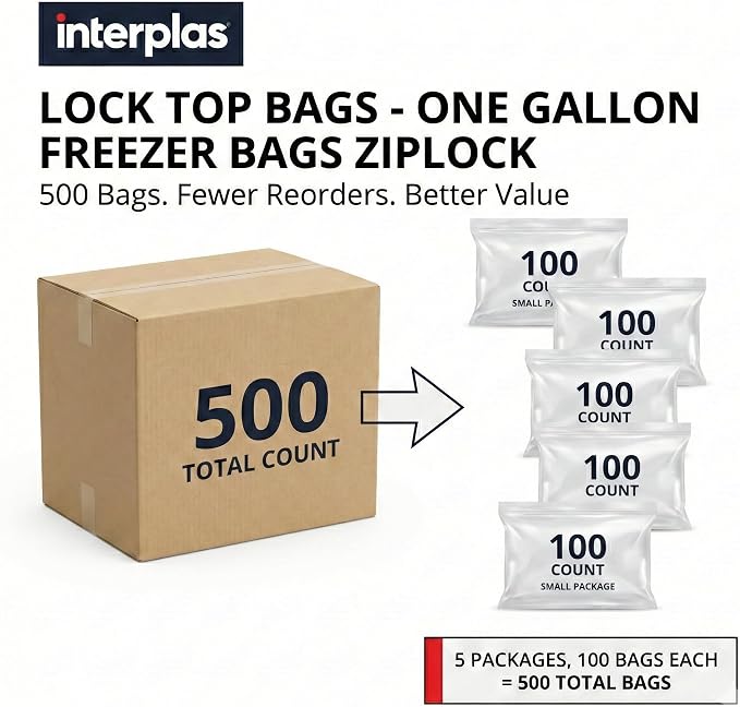 Freezer Bags Gallon size,4 Mil Heavy-Duty Zip Lock Bags for Food Storage, Leak Resistant, 500 Count Bulk –Clear Plastic Reclosable, ideal for Restaurants, Meal Prep, Catering & Industrial Kitchens