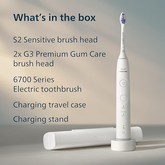 Philips Sonicare 6700 Series Electric Toothbrush, Pressure Sensor, 9 Brushing Settings, SmarTimer, BrushPacer, 21-Day Runtime, Travel Case, for Gum Health & Sensitive Teeth, White, HX7410/07
