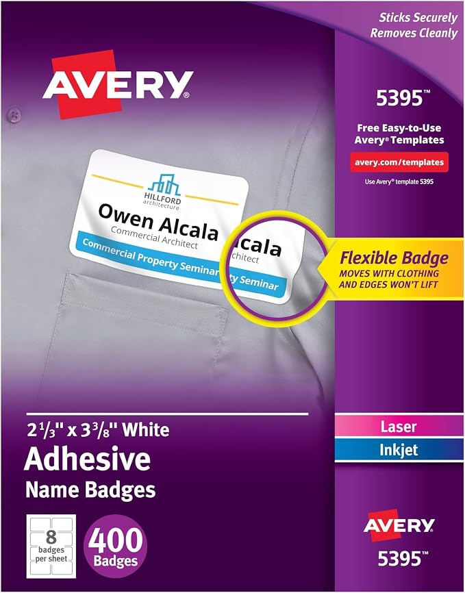 Avery Flexible Printable Name Tags,2-1/3" x 3-3/8",Matte White,400 Removable Name Badges for Laser and Inkjet Printers (5395),(Pack of 5)