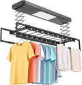 Electric Clothes Airing Rack,Adjustable Ceiling Mounted Smart Control Clothes Airing Rack w/ LED Lighting & 2 Retractable Rods,Vertical Laundry Clothesline w/ 8 Horizontal Rods for Balcony (Black)