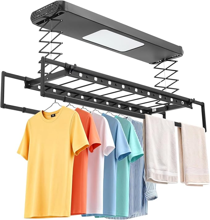 Electric Clothes Airing Rack,Adjustable Ceiling Mounted Smart Control Clothes Airing Rack w/ LED Lighting & 2 Retractable Rods,Vertical Laundry Clothesline w/ 8 Horizontal Rods for Balcony (Black)