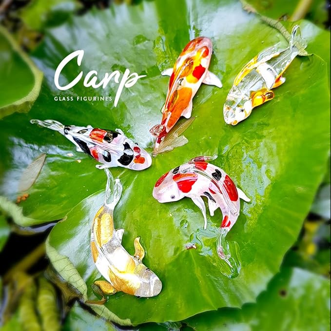 (Bundle of 5) Handmade Carp Fish Koi Fish Family Figures Blown Glass Art, Miniature Aquatic Animals, Collectible Figurines Gift Ideas, Tiny Ornament Cool Stuff Decor No.1