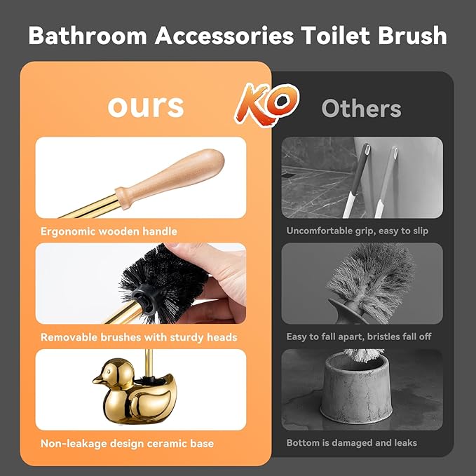 Gold Toilet Brush and Holder Set - Wooden & Stainless SteelHandle Gold Toilet Bowl Brush and Holder with Replaceable Head- Dense Bristles for Thorough Cleaning,Duck Design for Bath Decor Storage