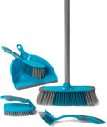 Beldray LA024152TQ Cleaning Bundle with Broom, Dustpan and Brush Set, Scrubbing Brush & Dish Brush, Long Handled Indoor Floor Sweeping, Washing Up Brushes, Bathroom/Tile/Grout Cleaner, Soft Grip, Blue