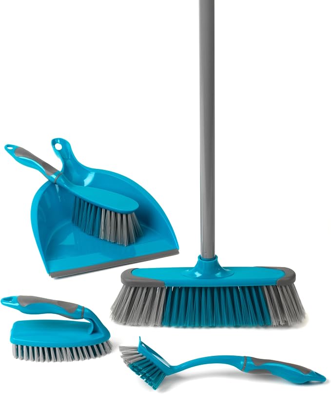 Beldray LA024152TQ Cleaning Bundle with Broom, Dustpan and Brush Set, Scrubbing Brush & Dish Brush, Long Handled Indoor Floor Sweeping, Washing Up Brushes, Bathroom/Tile/Grout Cleaner, Soft Grip, Blue