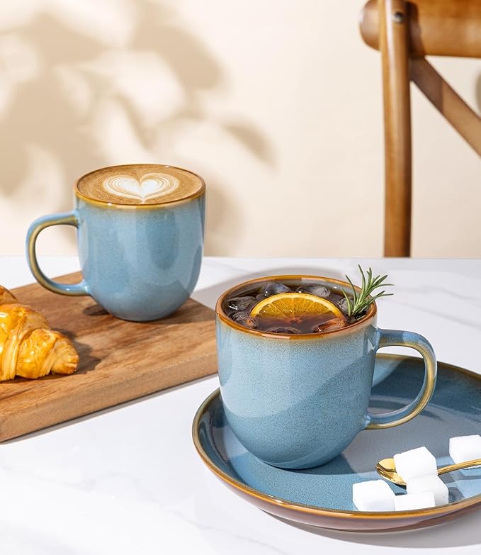 LERATIO Ceramic Coffee Mugs Set of 6,12oz Handmade Coffee Mugs Set | Large Handle for Cappuccino/Latte/Tea/Hot Cocoa,Oven &Dishwasher & Microwave Safe-Ocean Blue