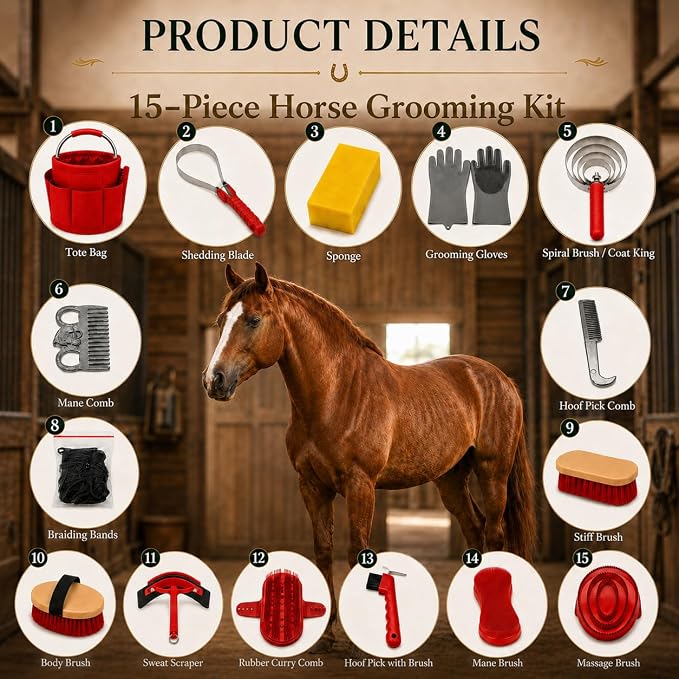 Horse Grooming Kit, 15-Piece Horse Brush Set with Red Tote Bag, Long Shedding Blade, Hoof Pick, Curry Comb, Sweat Scraper, Mane and Tail Comb, Gloves, Equine Grooming Supplies