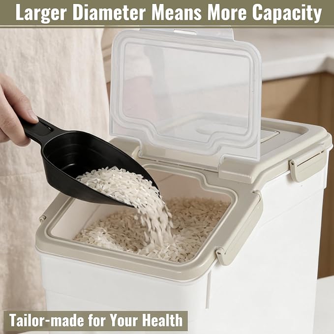 2 Pack Rice Container 25 lbs Large Bulk Flour Sugar Storage Holdhouse Plastic Grain Cereal Dry Goods Bin with Spoon and Measuring Cup for Kitchen Pantry Organization - Grey