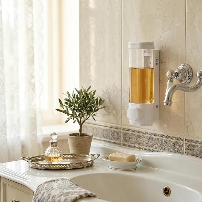 Junkin 4 Pcs Manual Bathroom Wall Mounted Soap Dispenser, 300ml White Kitchen Bathroom Commercial Shower Clear Refillable Soap Dispenser Clear Plastic Refillable Liquid Lotion Pump and Organizer