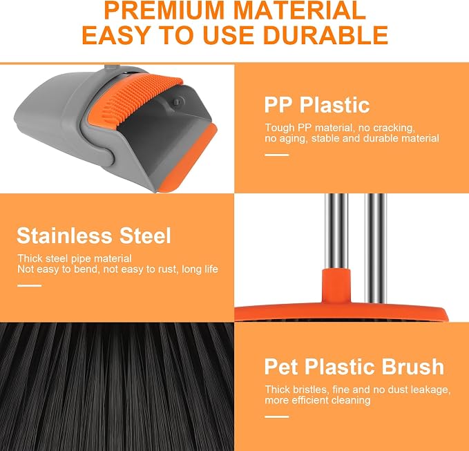 Broom with Dustpan Set & Mini Hand Brush Set, 51" Long Handle Upright Cleaning Combo with Self-Cleaning Teeth for Home Kitchen Pet Hair