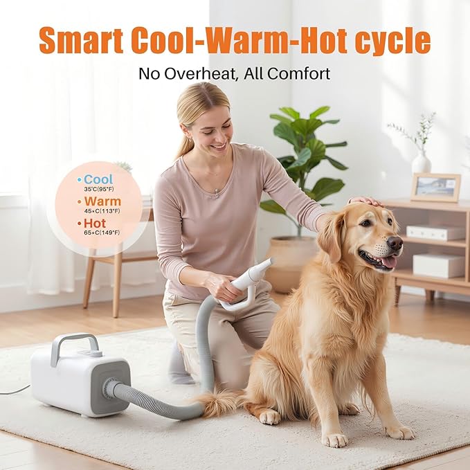 NEWBULIG Dog Hair Dryer, 1550W High Velocity Pet Blow Dryer with Heater for Grooming, Speed Temperature Adjustable Dog Blower Grooming with 4 Nozzles, White