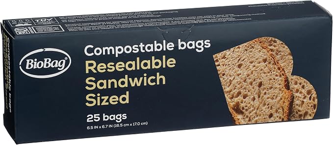 BioBag 100% Certified Compostable Resealable Sandwich Bags, 25 Count, Perfect for Lunches, Snacks, and On The Go Green