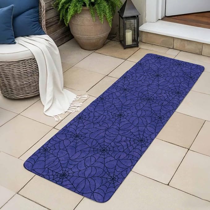 Large Entryway Rug 31.5"x63",Navy Blue Halloween Absorbent Non Slip Indoor Outdoor Floor Mat,Black Spiders Net Classic Gingham Low Profile Area Rug for Front Entrance Mudroom Patio Garage Double Door