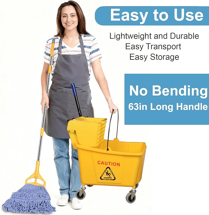 Side Press Wringer Combo Commercial Mop Bucket on Wheels, Including 1 Set Commercial Mop Handle with 1 Pack Blue Mop Heads, 35 Quart, Yellow Bucket