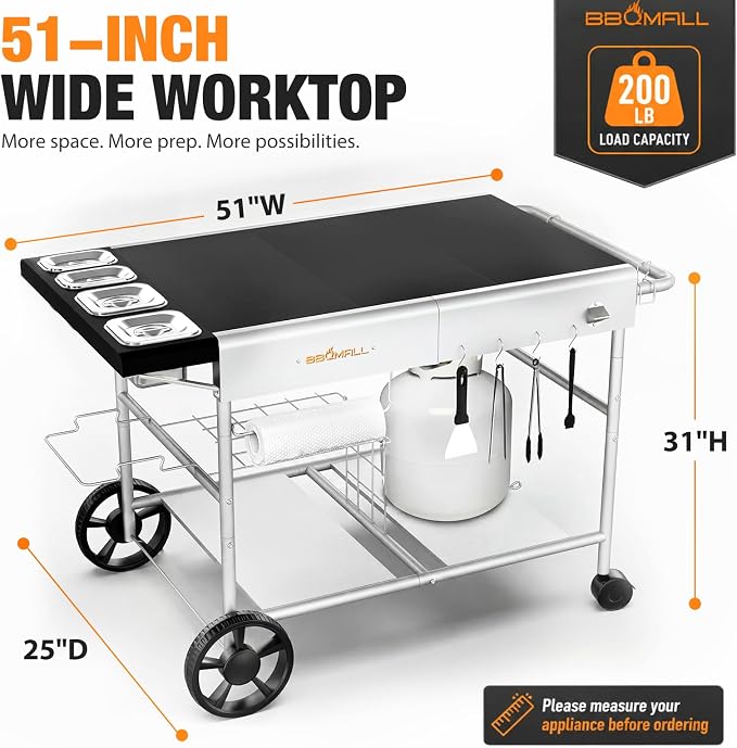 Pizza Oven Table Grill Cart for Ninja Woodfire, Blackstone Griddle, Ooni | 51'' Outdoor Pizza Oven Stand with Seasoning Tray for Outdoor Cooking, BBQ Prep Station, Easy Assembly 30048