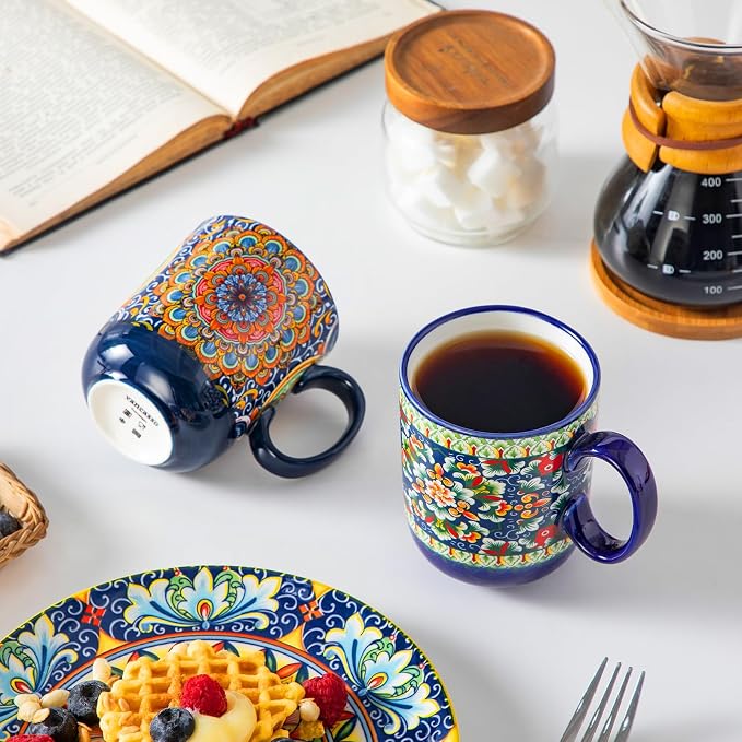 vancasso Simi Boho Coffee Mugs Set of 6, 14 oz Ceramic Mugs with Handle, Colorful Porcelain Cups Microwave Dishwasher Safe, for Latte Tea Cappuccino Cocoa Hot Chocolate
