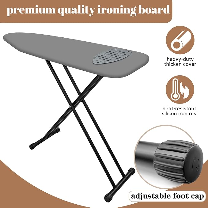 Ironing Board, Compact and Space Saver,Size 13 x 43 | Metal Construction Ironing Boards with Extra Thick Heavy Duty Padded, Stable Structure,Skid Feet, Premium Iron Board (grey)