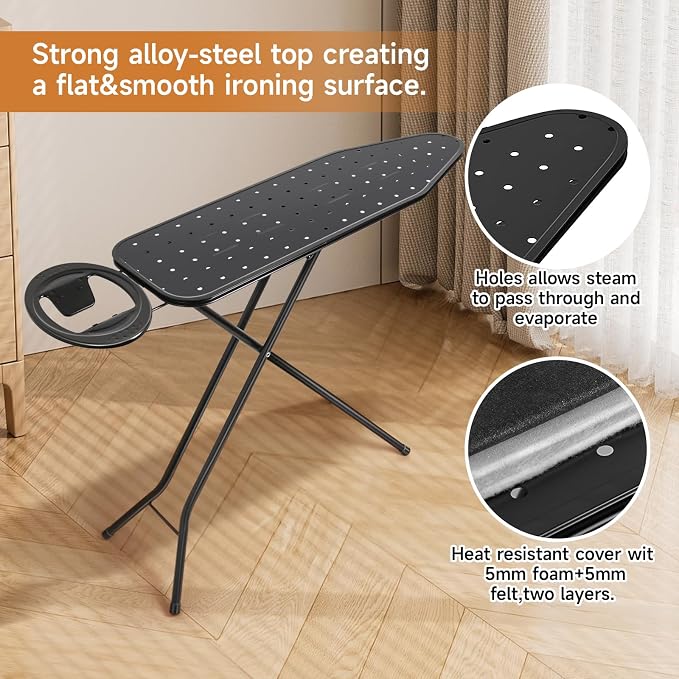 Duwee 12"x38" Ironing Board Full Size with Heat Resistant Cover,Black | 10mm Thicken Double Layers Feltpad and Foam, Folding Compact Iron Board, Heavy Sturdy Legs, Easy to Storage