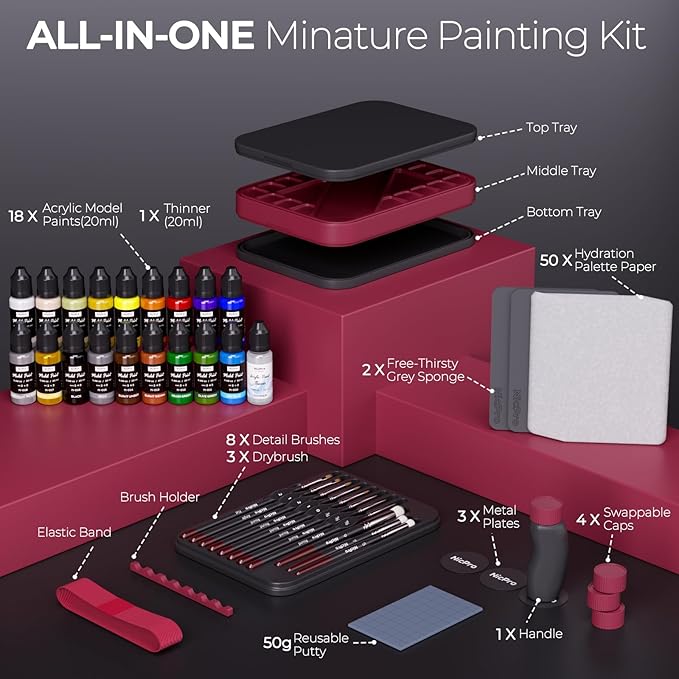 Nicpro All-In-One Miniature Painting Kit, Including 18 Colors Model Paint, Wet Palette, 11PCS Detail Paint Brushes Drybrush, Magnetic Painting Handle, 2PCS Sponges, 50PCS Pallet Paper and Brush Holder