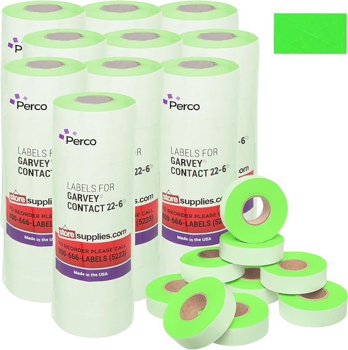 Perco Fluorescent Green Price Marking Labels - 110,000 Blank Labels for Garvey Contact 22-6/22-7/22-8 Price Gun with Ink Rolls Included - 90 Rolls, 10 Sleeves - Made in USA