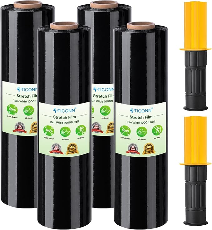 TICONN 4Pk Stretch Wrap Stretch Film Roll, 1000ft Industrial Strength 15 inch Wide Black Plastic Wrap with Handles for Pallet Wrapping Shipping Moving
