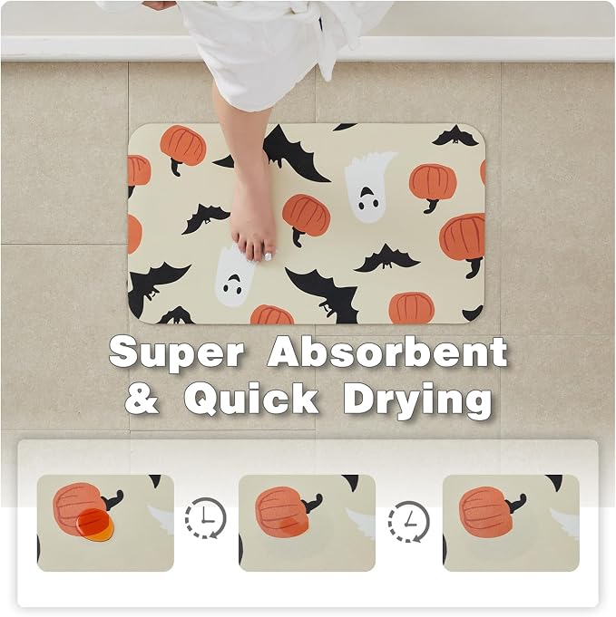 TYUU Halloween Bath Mat, Thin Bathroom Rug Non Slip Quick Dry Pumpkin Bath Mat Fits Under Door Thin Floor Mat Halloween Decor, 17''x30'', Pumpkins Bats and Ghost