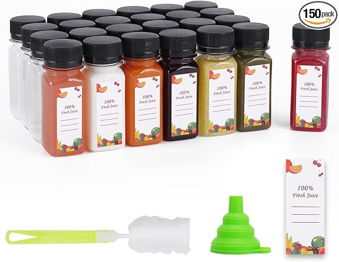OBKJJ Plastic Juice Bottles 150 pcs 2 oz Empty Plastic Water Bottles with Caps Reusable Clear Beverage Containers for Drinking, Juicing, Smoothie, Water with 2 Brushes, 2 Funnels, 160 Stickers