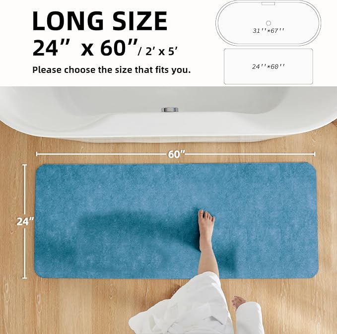 TYUU Bathroom Mat Quick Dry, Bathroom Rugs Non Slip Washable Thin Absorbent Bath Mat Fits Under Door Bathroom Floor Mat Perfect for Bath, Shower, or Sink 24"x60" Denim Blue