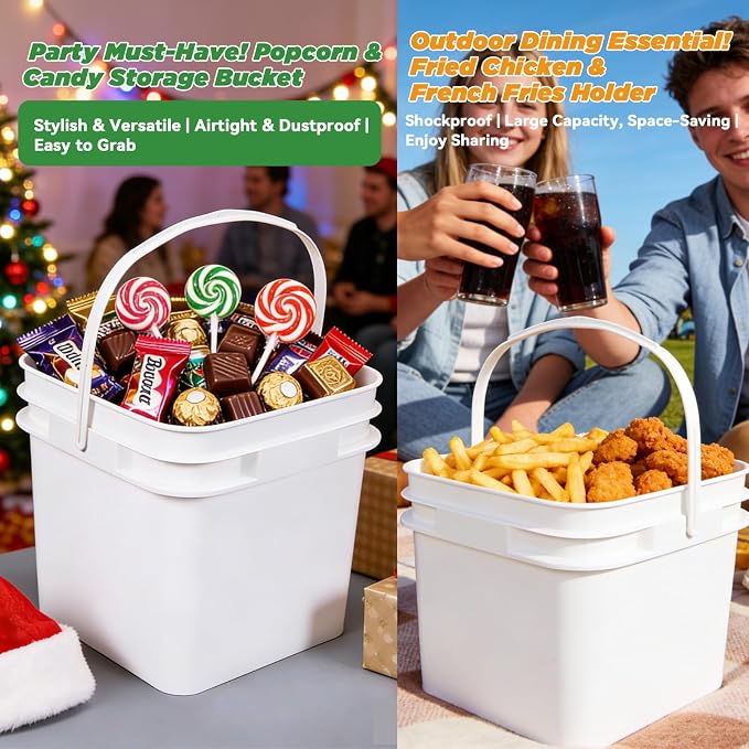 34 oz Food Storage Buckets with Lids, 4 Pack Square BPA Free Plastic Containers with Handles and Labels for Snacks, Meal Prep, Pantry and Freezer (White)