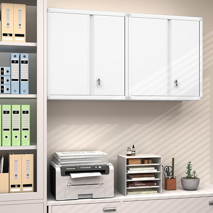 GREATMEET Metal Wall Cabinet, Wall Mounted Storage Cabinet with Lock for Garage Storage, White Floating Cabinet with Doors and Adjustable Shelf for Utility Room