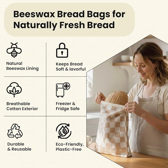 2-Pack XL Premium Reusable Beeswax Bread Bags for Homemade Sourdough, 17x13 | 100% Organic Cotton, Secure Lock Closure, Artisan Sourdough Keeper, Freezer-Safe, Bread Storage, Eco Bread Gift for Bakers