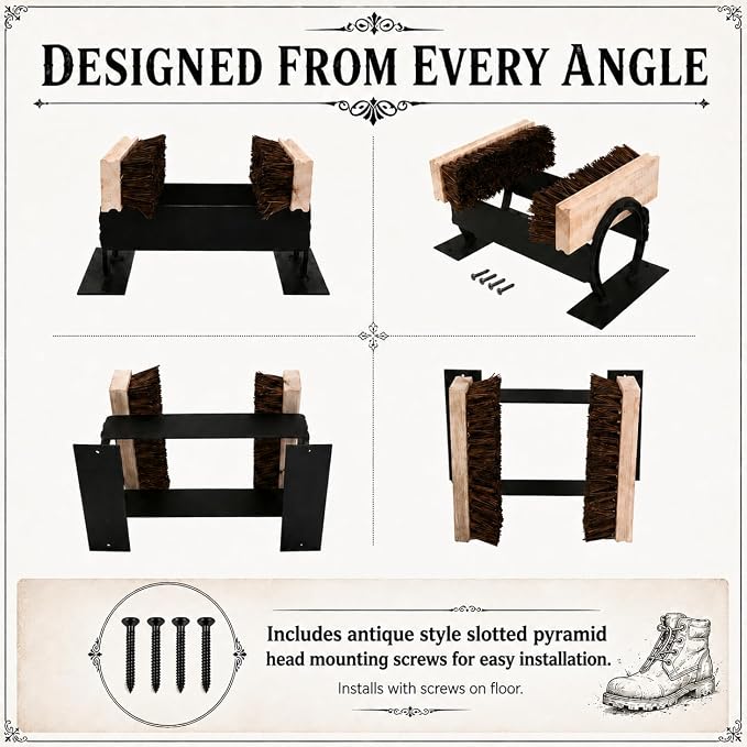 Renovators Supply Cast Iron Horseshoe Boot Scraper with Brushes | Decorative horseshoe design • Pre-assembled for convenience • Suitable for porches and entryways