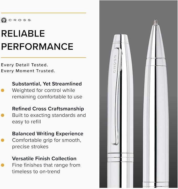 Cross Calais Polished Chrome Ballpoint Pen - High-End Pen for Everyday Use - Professional Desk Essential - Smooth Writing - Durable Construction - Black Ink - Gift Box Included