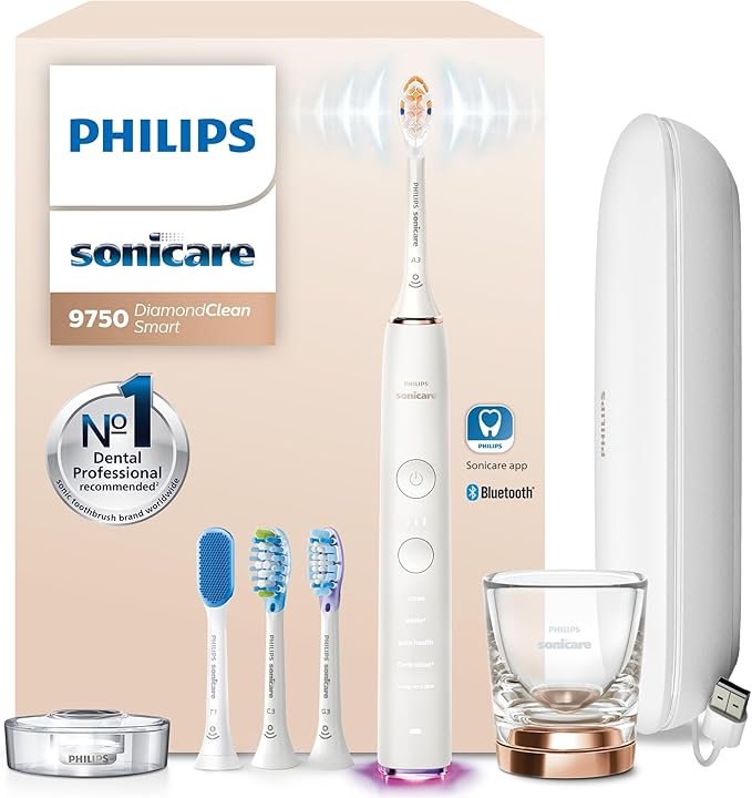 Philips Sonicare DiamondClean Smart 9750 Electric Toothbrush - Sonic Toothbrush with App, Pressure Sensor, 15 Brushing Settings, Replacement Reminder, USB Charging Travel Case, Rose Gold, HX9924/67
