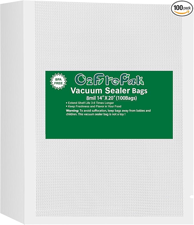 O2frepak 100 Count Big Size 14"x20" 8mil Vacuum Sealer Bags with BPA Free and Puncture Prevention,Vacuum Seal Freezer Bags,Great for Sous Vide Vaccume Sealer PreCut Bags