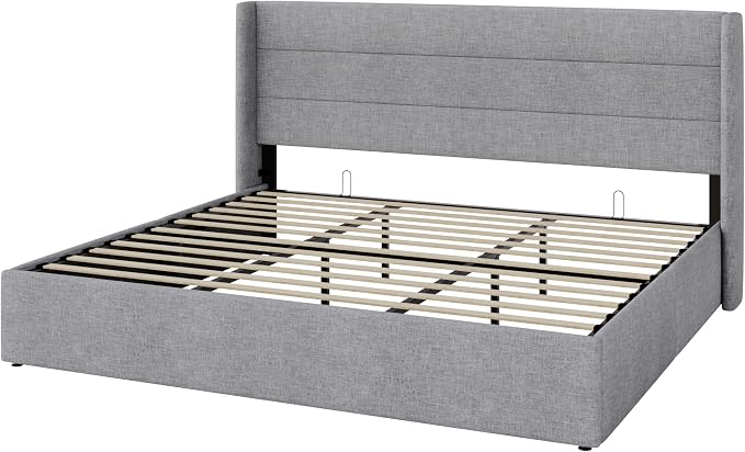 Allewie King Size Lift Up Hydraulic Storage Bed Frame Light Grey | Modern Wingback Headboard, Hydraulic Support Storage, No Box Spring Needed